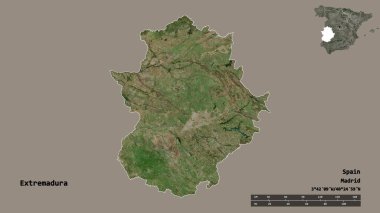 Extremadura 'nın şekli, İspanya' nın özerk topluluğu, sermayesi sağlam arka planda izole edilmiş. Uzaklık ölçeği, bölge önizlemesi ve etiketleri. Uydu görüntüleri. 3B görüntüleme