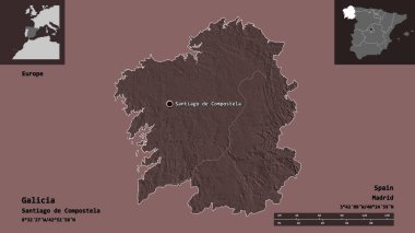 Galiçya 'nın şekli, İspanya özerk topluluğu ve başkenti. Uzaklık ölçeği, ön gösterimler ve etiketler. Renkli yükseklik haritası. 3B görüntüleme