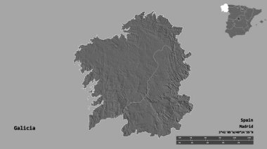 Galiçya 'nın şekli, İspanya' nın özerk topluluğu, sermayesi sağlam arka planda izole edilmiş. Uzaklık ölçeği, bölge önizlemesi ve etiketleri. Çift seviyeli yükseklik haritası. 3B görüntüleme