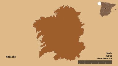 Galiçya 'nın şekli, İspanya' nın özerk topluluğu, sermayesi sağlam arka planda izole edilmiş. Uzaklık ölçeği, bölge önizlemesi ve etiketleri. Desenli dokuların bileşimi. 3B görüntüleme