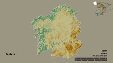 Galiçya 'nın şekli, İspanya' nın özerk topluluğu, sermayesi sağlam arka planda izole edilmiş. Uzaklık ölçeği, bölge önizlemesi ve etiketleri. Topografik yardım haritası. 3B görüntüleme