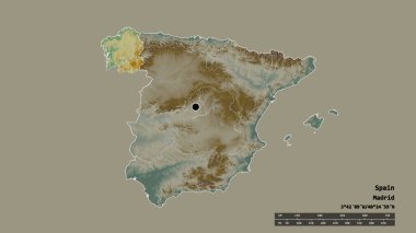 Başkenti, ana bölgesel bölünmesi ve ayrılmış Galiçya bölgesi ile İspanya 'nın dejenere edilmiş şekli. Etiketler. Topografik yardım haritası. 3B görüntüleme