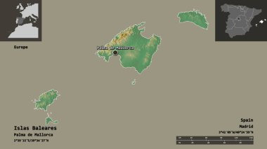 Islas Baleares, İspanya özerk topluluğu ve başkenti. Uzaklık ölçeği, ön gösterimler ve etiketler. Topografik yardım haritası. 3B görüntüleme