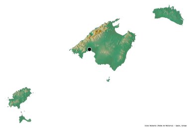 İspanya 'nın özerk topluluğu Islas Baleares' in beyaz arka planda bulunan başkenti. Topografik yardım haritası. 3B görüntüleme