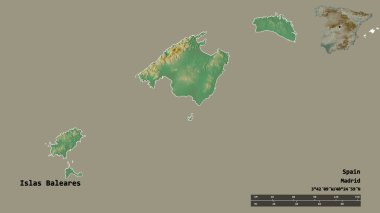 İspanya 'nın özerk topluluğu Islas Baleares' in şekli, sermayesi sağlam arka planda izole edilmiş. Uzaklık ölçeği, bölge önizlemesi ve etiketleri. Topografik yardım haritası. 3B görüntüleme