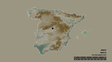 Başkenti, ana bölgesel bölünmesi ve ayrılmış Islas Baleares bölgesi ile İspanya 'nın dejenere edilmiş şekli. Etiketler. Topografik yardım haritası. 3B görüntüleme