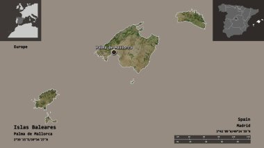 Islas Baleares, İspanya özerk topluluğu ve başkenti. Uzaklık ölçeği, ön gösterimler ve etiketler. Uydu görüntüleri. 3B görüntüleme