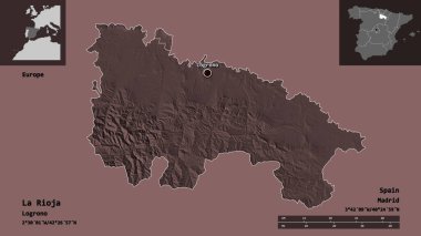 La Rioja 'nın şekli, İspanya özerk topluluğu ve başkenti. Uzaklık ölçeği, ön gösterimler ve etiketler. Renkli yükseklik haritası. 3B görüntüleme