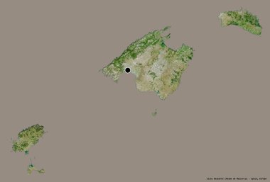 İspanya 'nın özerk toplumu Islas Baleares' in şekli, başkenti katı bir renk arka planına izole edilmiştir. Uydu görüntüleri. 3B görüntüleme