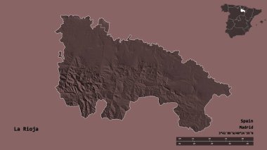 La Rioja 'nın şekli, İspanya' nın özerk topluluğu, başkenti sağlam arka planda izole edilmiş. Uzaklık ölçeği, bölge önizlemesi ve etiketleri. Renkli yükseklik haritası. 3B görüntüleme