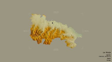 La Rioja bölgesi, İspanya 'nın özerk toplumu, jeoreferatlı bir sınır kutusunda sağlam bir arka planda izole edilmiştir. Etiketler. Topografik yardım haritası. 3B görüntüleme