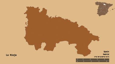 La Rioja 'nın şekli, İspanya' nın özerk topluluğu, başkenti sağlam arka planda izole edilmiş. Uzaklık ölçeği, bölge önizlemesi ve etiketleri. Desenli dokuların bileşimi. 3B görüntüleme