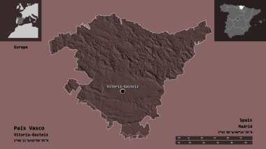 Pais Vasco 'nun şekli, İspanya özerk topluluğu ve başkenti. Uzaklık ölçeği, ön gösterimler ve etiketler. Renkli yükseklik haritası. 3B görüntüleme