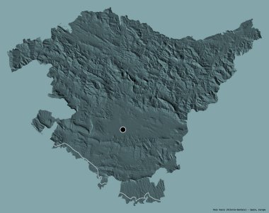 İspanya 'nın özerk topluluğu Pais Vasco' nun şekli, başkenti sağlam bir renk arka planına izole edilmiştir. Renkli yükseklik haritası. 3B görüntüleme