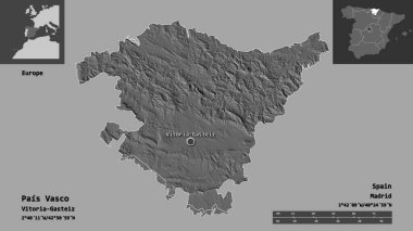 Pais Vasco 'nun şekli, İspanya özerk topluluğu ve başkenti. Uzaklık ölçeği, ön gösterimler ve etiketler. Çift seviyeli yükseklik haritası. 3B görüntüleme
