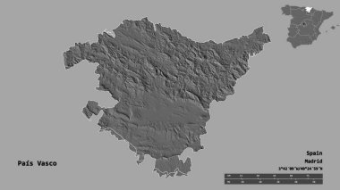 İspanya 'nın özerk topluluğu Pais Vasco' nun başkenti sağlam arka planda izole edilmiştir. Uzaklık ölçeği, bölge önizlemesi ve etiketleri. Çift seviyeli yükseklik haritası. 3B görüntüleme