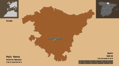 Pais Vasco 'nun şekli, İspanya özerk topluluğu ve başkenti. Uzaklık ölçeği, ön gösterimler ve etiketler. Desenli dokuların bileşimi. 3B görüntüleme