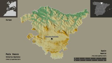 Pais Vasco 'nun şekli, İspanya özerk topluluğu ve başkenti. Uzaklık ölçeği, ön gösterimler ve etiketler. Topografik yardım haritası. 3B görüntüleme