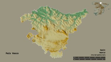 İspanya 'nın özerk topluluğu Pais Vasco' nun başkenti sağlam arka planda izole edilmiştir. Uzaklık ölçeği, bölge önizlemesi ve etiketleri. Topografik yardım haritası. 3B görüntüleme