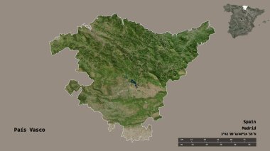 İspanya 'nın özerk topluluğu Pais Vasco' nun başkenti sağlam arka planda izole edilmiştir. Uzaklık ölçeği, bölge önizlemesi ve etiketleri. Uydu görüntüleri. 3B görüntüleme