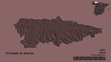 Principado de Asturias, İspanya 'nın özerk topluluğu, sermayesi sağlam bir arka planda izole edilmiş. Uzaklık ölçeği, bölge önizlemesi ve etiketleri. Renkli yükseklik haritası. 3B görüntüleme