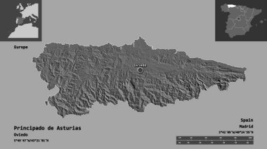 Principado de Asturias, İspanya özerk topluluğu ve başkenti. Uzaklık ölçeği, ön gösterimler ve etiketler. Çift seviyeli yükseklik haritası. 3B görüntüleme