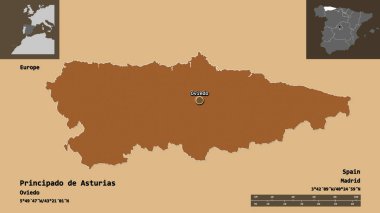 Principado de Asturias, İspanya özerk topluluğu ve başkenti. Uzaklık ölçeği, ön gösterimler ve etiketler. Desenli dokuların bileşimi. 3B görüntüleme