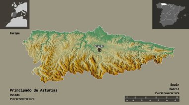 Principado de Asturias, İspanya özerk topluluğu ve başkenti. Uzaklık ölçeği, ön gösterimler ve etiketler. Topografik yardım haritası. 3B görüntüleme