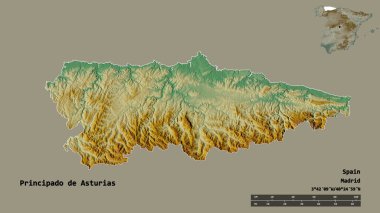 Principado de Asturias, İspanya 'nın özerk topluluğu, sermayesi sağlam bir arka planda izole edilmiş. Uzaklık ölçeği, bölge önizlemesi ve etiketleri. Topografik yardım haritası. 3B görüntüleme