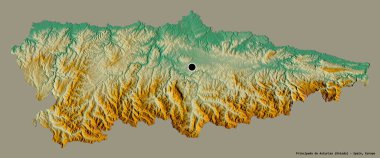 İspanya 'nın özerk topluluğu Principado de Asturias' ın şekli, başkenti katı bir renk arkaplanı ile izole edilmiştir. Topografik yardım haritası. 3B görüntüleme