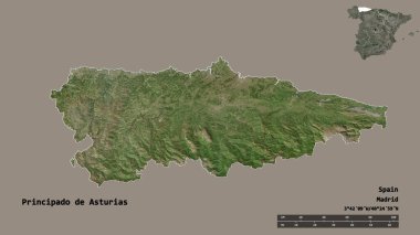 Principado de Asturias, İspanya 'nın özerk topluluğu, sermayesi sağlam bir arka planda izole edilmiş. Uzaklık ölçeği, bölge önizlemesi ve etiketleri. Uydu görüntüleri. 3B görüntüleme