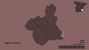İspanya 'nın özerk bölgesi olan ve başkenti sağlam bir zemine sahip olan Murcia bölgesinin şekli. Uzaklık ölçeği, bölge önizlemesi ve etiketleri. Renkli yükseklik haritası. 3B görüntüleme