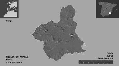 İspanya Özerk Topluluğu ve başkenti Murcia Bölgesi 'nin şeklidir. Uzaklık ölçeği, ön gösterimler ve etiketler. Çift seviyeli yükseklik haritası. 3B görüntüleme