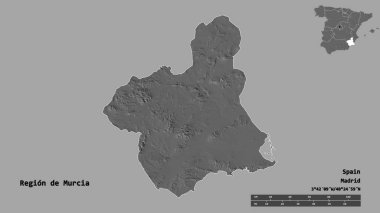 İspanya 'nın özerk bölgesi olan ve başkenti sağlam bir zemine sahip olan Murcia bölgesinin şekli. Uzaklık ölçeği, bölge önizlemesi ve etiketleri. Çift seviyeli yükseklik haritası. 3B görüntüleme