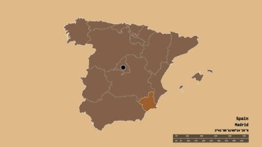 Başkenti, ana bölgesel bölünmesi ve bölünmüş Murcia Bölgesi ile İspanya 'nın dejenere edilmiş şekli. Etiketler. Desenli dokuların bileşimi. 3B görüntüleme