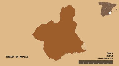 İspanya 'nın özerk bölgesi olan ve başkenti sağlam bir zemine sahip olan Murcia bölgesinin şekli. Uzaklık ölçeği, bölge önizlemesi ve etiketleri. Desenli dokuların bileşimi. 3B görüntüleme
