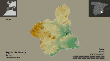 İspanya Özerk Topluluğu ve başkenti Murcia Bölgesi 'nin şeklidir. Uzaklık ölçeği, ön gösterimler ve etiketler. Topografik yardım haritası. 3B görüntüleme