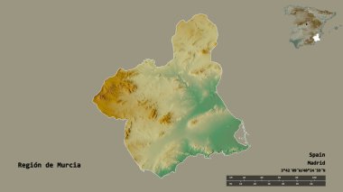İspanya 'nın özerk bölgesi olan ve başkenti sağlam bir zemine sahip olan Murcia bölgesinin şekli. Uzaklık ölçeği, bölge önizlemesi ve etiketleri. Topografik yardım haritası. 3B görüntüleme