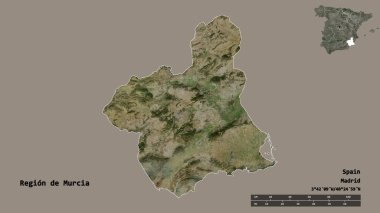 İspanya 'nın özerk bölgesi olan ve başkenti sağlam bir zemine sahip olan Murcia bölgesinin şekli. Uzaklık ölçeği, bölge önizlemesi ve etiketleri. Uydu görüntüleri. 3B görüntüleme