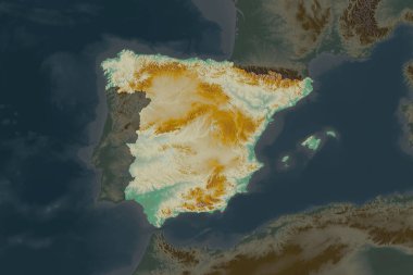 İspanya 'nın şekli, komşu bölgelerin dedoygunluğuyla ayrılır. Topografik yardım haritası. 3B görüntüleme