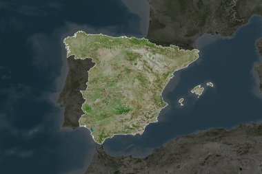 İspanya 'nın şekli, komşu bölgelerin dedoygunluğuyla ayrılır. Sınırlar. Uydu görüntüleri. 3B görüntüleme