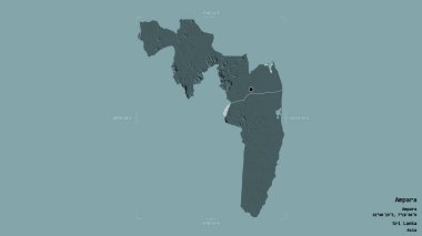 Ampara bölgesi, Sri Lanka bölgesi, jeoreferatlı bir sınır kutusunda sağlam bir arka planda izole edilmiş. Etiketler. Renkli yükseklik haritası. 3B görüntüleme