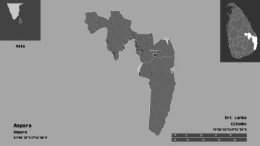 Ampara 'nın şekli, Sri Lanka ilçesi ve başkenti. Uzaklık ölçeği, ön gösterimler ve etiketler. Çift seviyeli yükseklik haritası. 3B görüntüleme