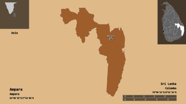 Ampara 'nın şekli, Sri Lanka ilçesi ve başkenti. Uzaklık ölçeği, ön gösterimler ve etiketler. Desenli dokuların bileşimi. 3B görüntüleme