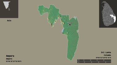 Ampara 'nın şekli, Sri Lanka ilçesi ve başkenti. Uzaklık ölçeği, ön gösterimler ve etiketler. Topografik yardım haritası. 3B görüntüleme