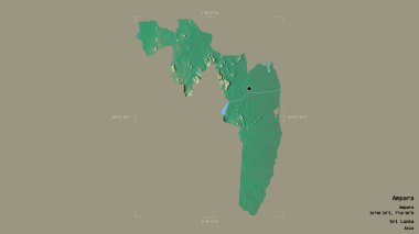 Ampara bölgesi, Sri Lanka bölgesi, jeoreferatlı bir sınır kutusunda sağlam bir arka planda izole edilmiş. Etiketler. Topografik yardım haritası. 3B görüntüleme