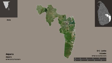Ampara 'nın şekli, Sri Lanka ilçesi ve başkenti. Uzaklık ölçeği, ön gösterimler ve etiketler. Uydu görüntüleri. 3B görüntüleme