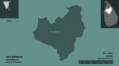 Anuradhapura 'nın şekli, Sri Lanka ilçesi ve başkenti. Uzaklık ölçeği, ön gösterimler ve etiketler. Renkli yükseklik haritası. 3B görüntüleme