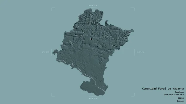 Area of Comunidad Foral de Navarra, autonomous community of Spain, isolated on a solid background in a georeferenced bounding box. Labels. Colored elevation map. 3D rendering