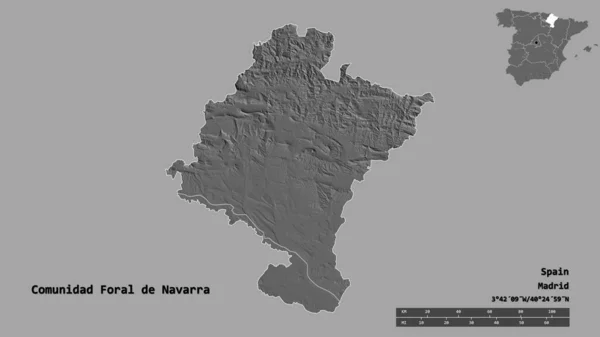 歴史の形Foral Navarra スペインの自治体 その首都はしっかりした背景に隔離されています 距離スケール リージョンプレビュー およびラベル 標高マップ 3Dレンダリング — ストック写真